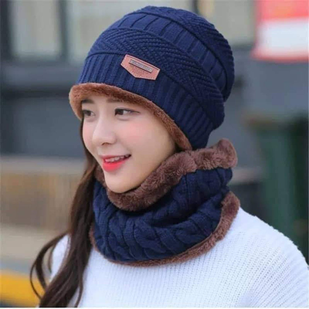 Winter Wool Cap with Neck Warmer – Beanie & Scarf Set for Men & Women