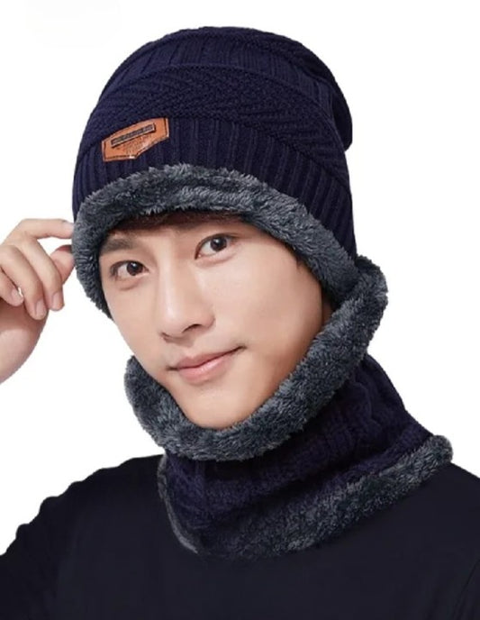 Winter Wool Cap with Neck Warmer – Beanie & Scarf Set for Men & Women